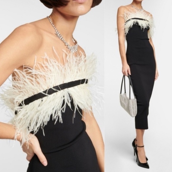 STAUD Dresses & Skirts - Staud Dress Nellie Midi Feather Trim in Black Ivory